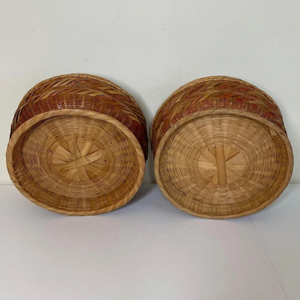 Vintage Woven Bamboo Rattan Round Storage Baskets Planters 2 Brown Boho Natural
